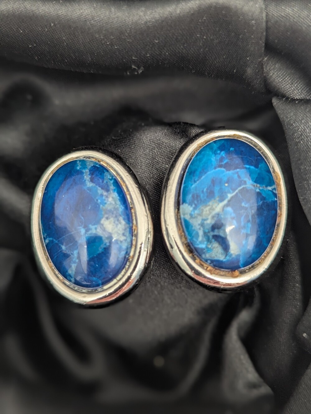 Denim Lapis-Like Blue Stone Oval Clip-On Silver-Tone Earrings - Picture 8 of 9